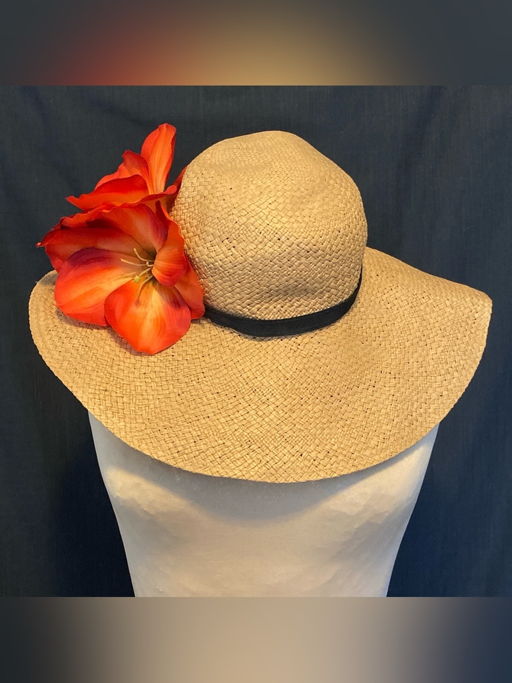 Urban Outfitters Kimchi Blue Natural Straw Floppy Hat with Orange Floral Accent